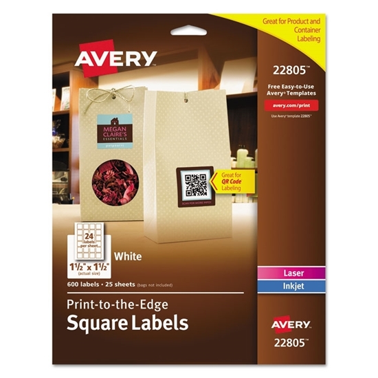 White Square Labels with TrueBlock, Print-to-the-Edge,  600/PK, 1 1/2 x 1 1/2 