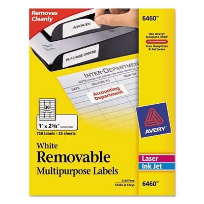 White Removable Multi-use Labels, 750/pack, 1 x 2 5/8