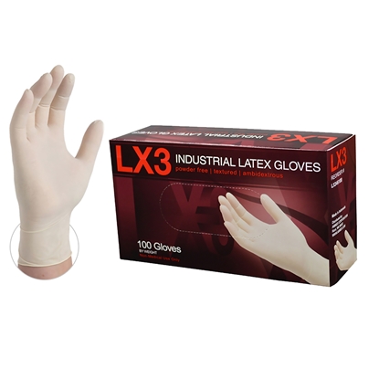 AMMEX LX3 Powder Free Textured Industrial Grade Latex Gloves, Large