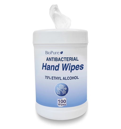 Picture of Sanitizer Alcohol Wipes, 75% Ethyl, BioPure, 100 wipes per can
