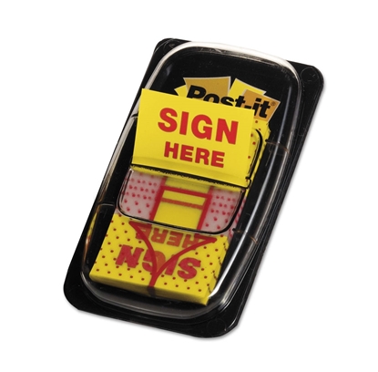 Arrow Message 1" Page Flags, "Sign Here", Yellow, 12 50-Flag Dispensers/Pk