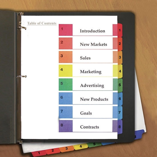 Table of Contents Dividers, Assorted Color 8-Tab, 1-8, Letter, White, 6/PK 